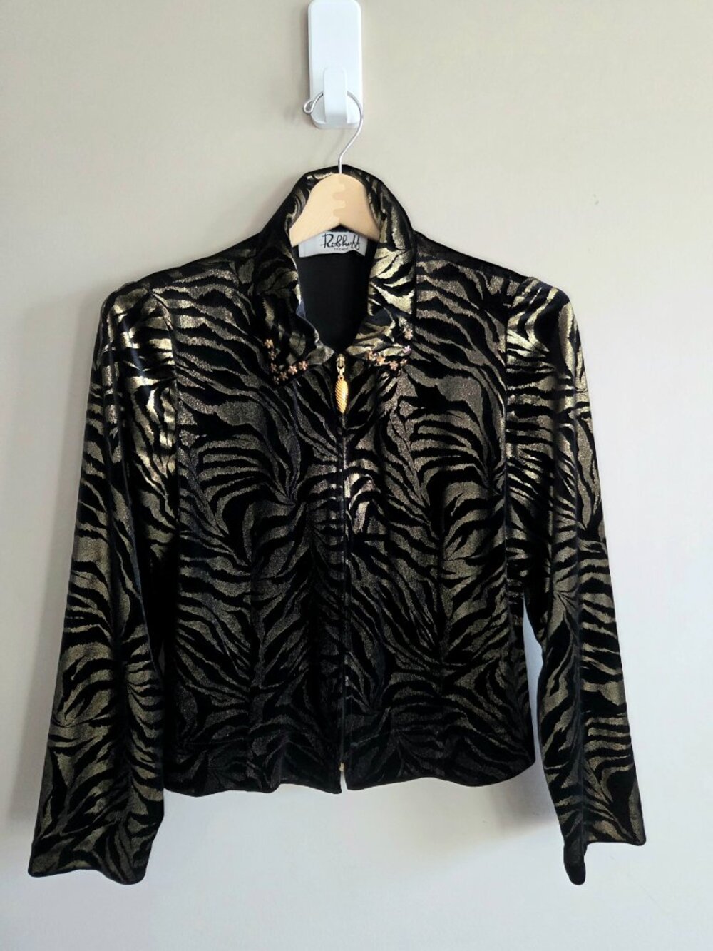 Ribkoff Black and Gold velour Zip-Up Jacket/Blazer Metallic Zebra Print.